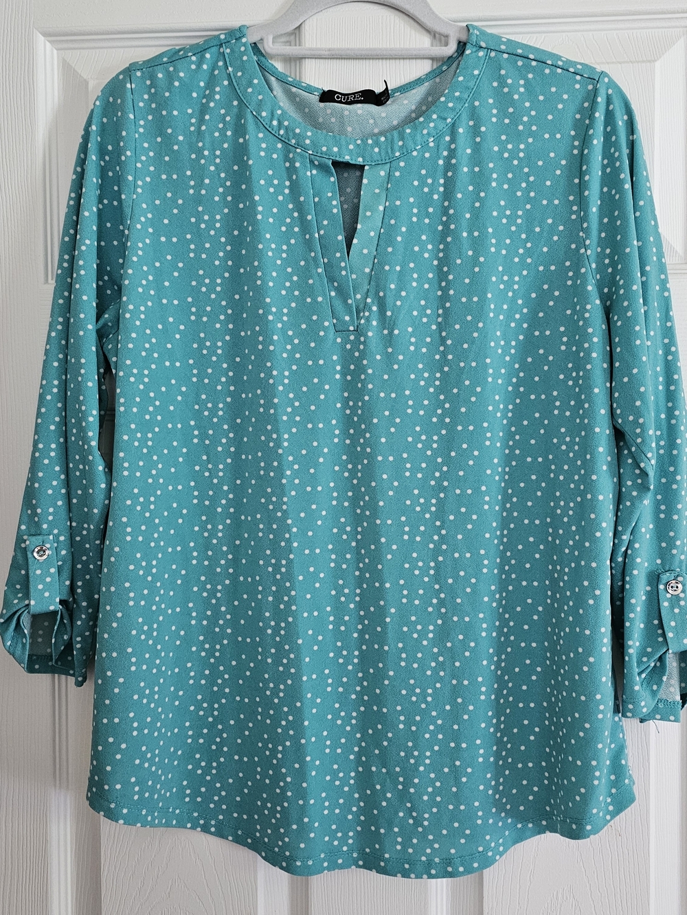 Teal Polka Dot Keyhole Blouse - Women's Top